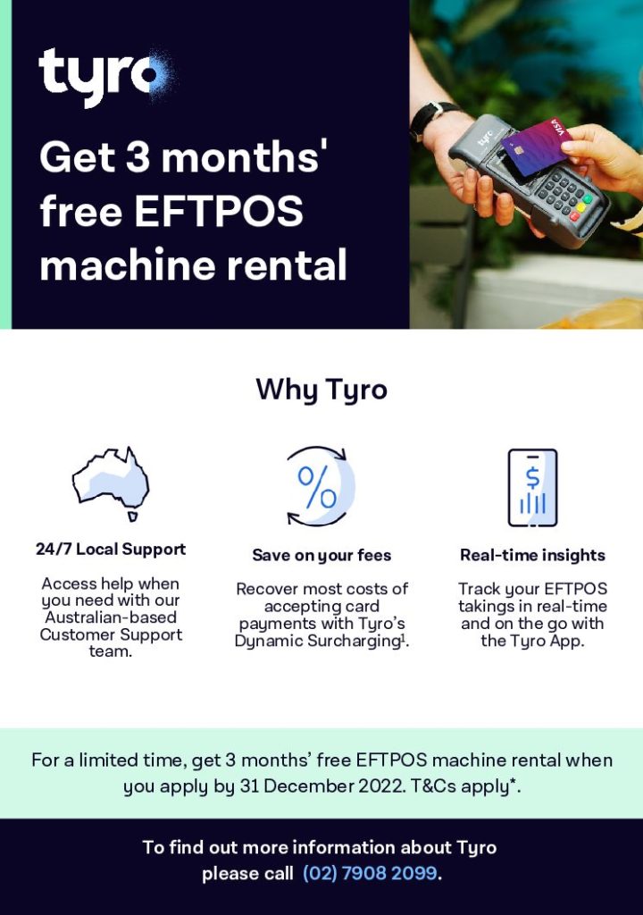3 months' free EFTPOS machine rental for new to Tyro customers