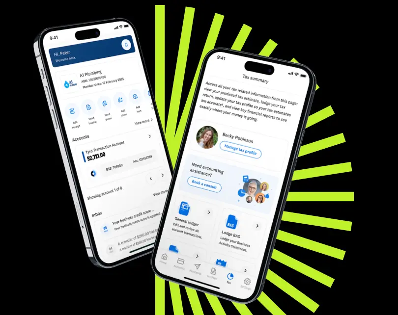 2 phones showing screens from Tyro Accounting