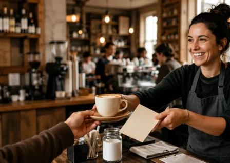 Person handing coffee over in a cafe
