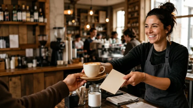 Person handing coffee over in a cafe