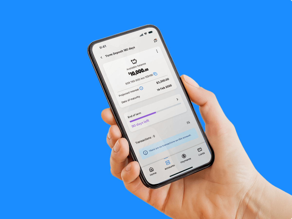 Term deposit on the Tyro Bank app with blue background