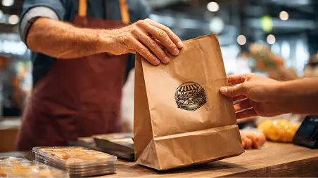 Person holding bag handing it to customer