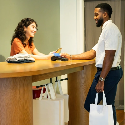 people at a counter talking