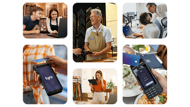Images of Tyro Pro terminals and customers of Tyro